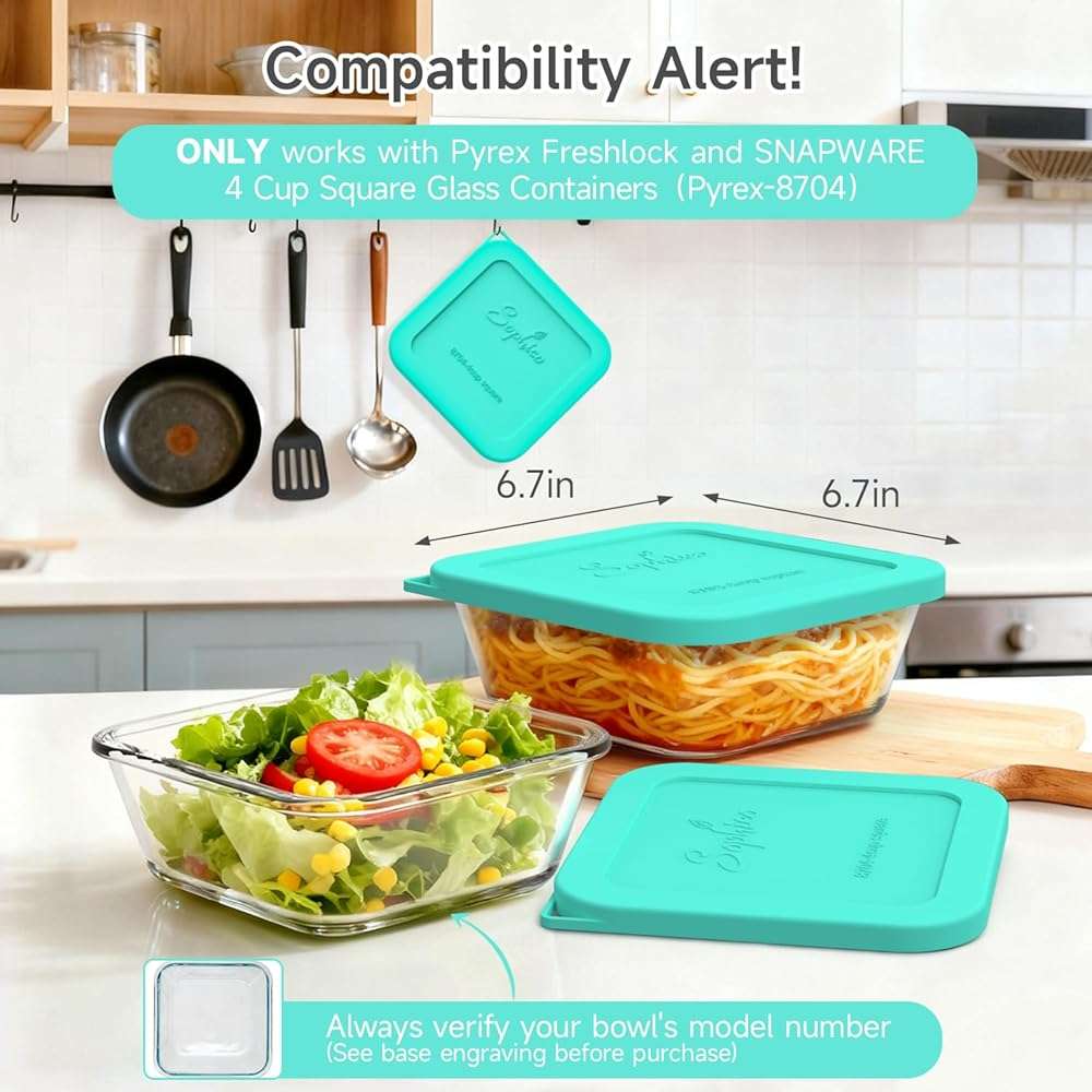Sophico Silicone Cover Lid Replacement Only for Pyrex Freshlock and SNAPWARE 4CUP Square Glass Bowls Container Set(8704), Leakproof Lids, Dishwasher Microwave Safe 5 Pack (Container not Included) - Image 3