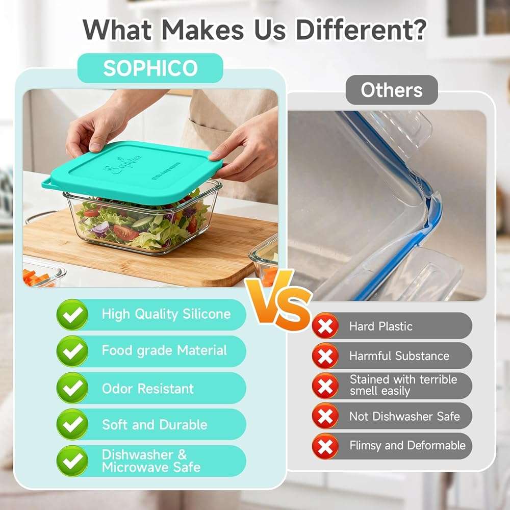 Sophico Silicone Cover Lid Replacement Only for Pyrex Freshlock and SNAPWARE 4CUP Square Glass Bowls Container Set(8704), Leakproof Lids, Dishwasher Microwave Safe 5 Pack (Container not Included) - Image 4