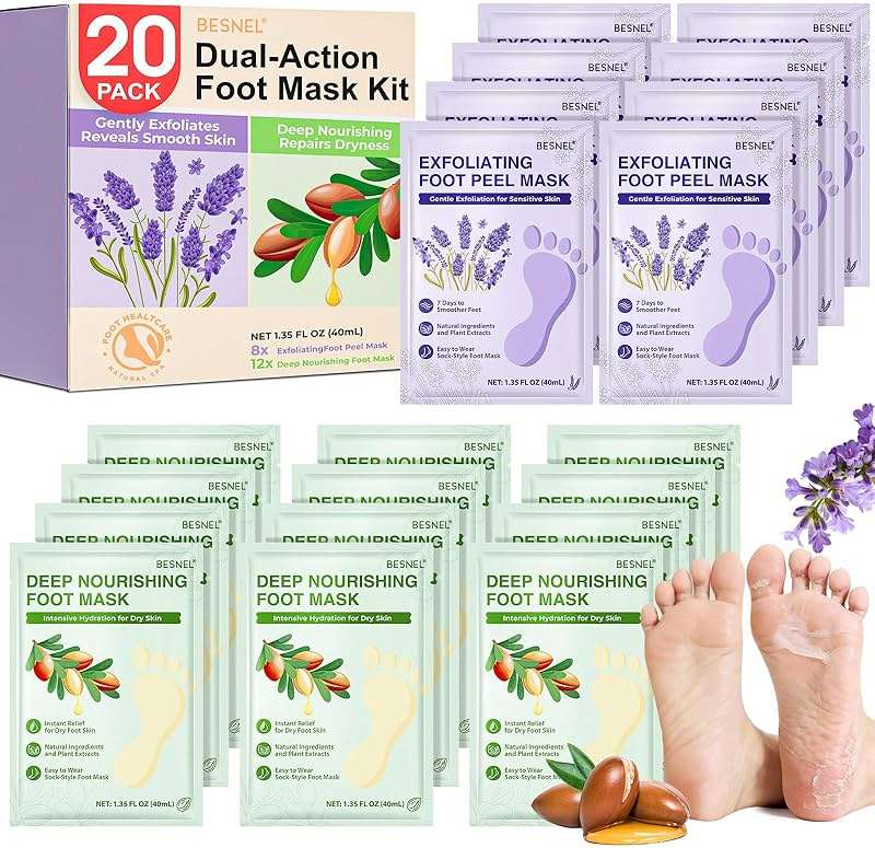 BESNEL 20Pack Moisturizing＆Foot Peeling Foot Mask, Teacher Appreciation Gifts, Hydrating Foot Masks Dry Cracked Feet,Soothing Moisturizer Socks Repair Rough Heels＆Baby Soft Feet(20p) - Image 1