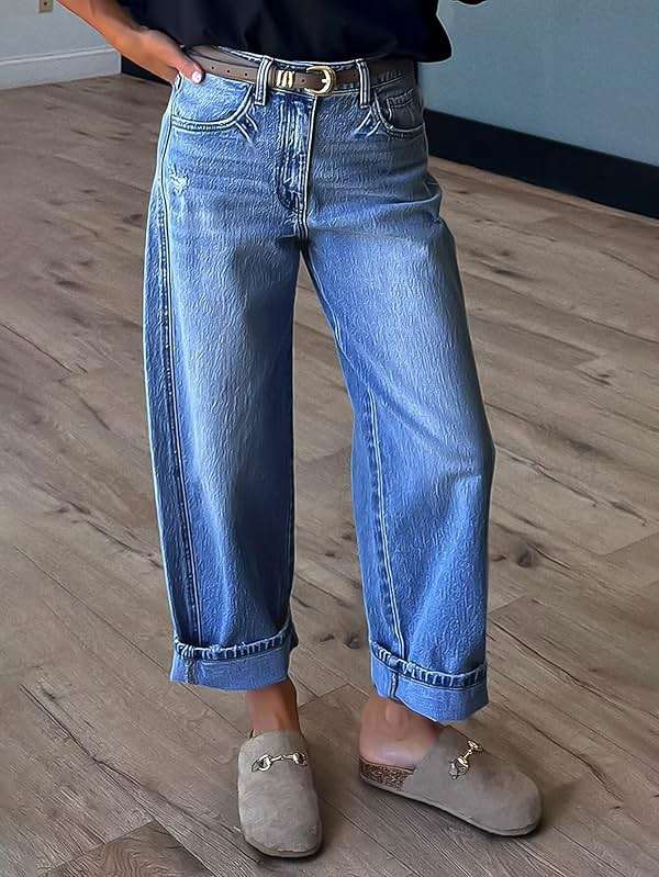 Flamingals Straight Leg Jeans for Women Boyfriend Mid Rise Roll Hem Wash Cropped Denim Pants Without Belt - Image 2