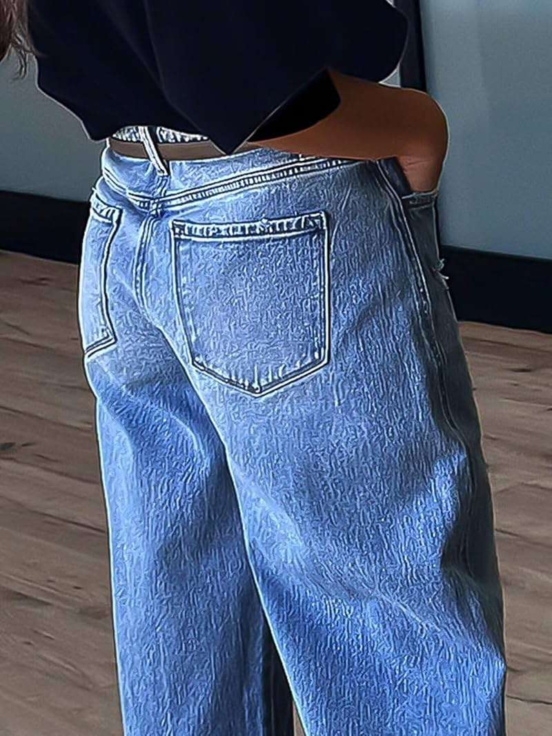 Flamingals Straight Leg Jeans for Women Boyfriend Mid Rise Roll Hem Wash Cropped Denim Pants Without Belt - Image 3