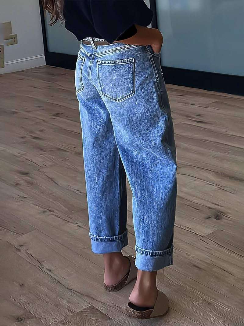 Flamingals Straight Leg Jeans for Women Boyfriend Mid Rise Roll Hem Wash Cropped Denim Pants Without Belt - Image 5