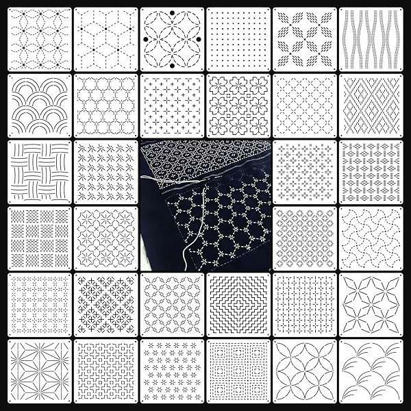 32 PCS Sashiko Stencil Kit, 5.1 x 5.1 Inch Plastic Geometric Sashiko Pattern Template Drawing Line Embroidery Pattern for Sewing Hand Quilting and Embroidery - Image 1