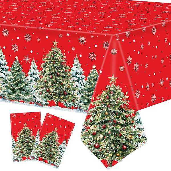 2 Pack Christmas Plastic Tablecloths 54 X 108inch Xmas Tree Snowflakes Disposable Table Cover Red Rectangle Tablecloth Decorations for Home Christmas Holiday Party Supplies - Image 1