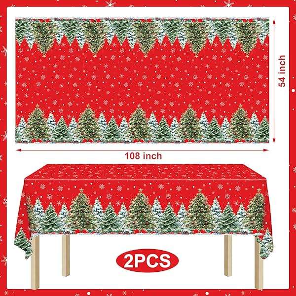 2 Pack Christmas Plastic Tablecloths 54 X 108inch Xmas Tree Snowflakes Disposable Table Cover Red Rectangle Tablecloth Decorations for Home Christmas Holiday Party Supplies - Image 3