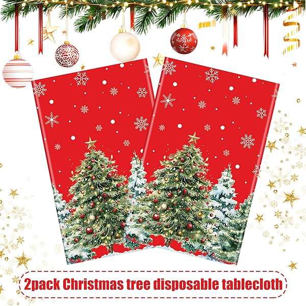2 Pack Christmas Plastic Tablecloths 54 X 108inch Xmas Tree Snowflakes Disposable Table Cover Red Rectangle Tablecloth Decorations for Home Christmas Holiday Party Supplies - Image 5