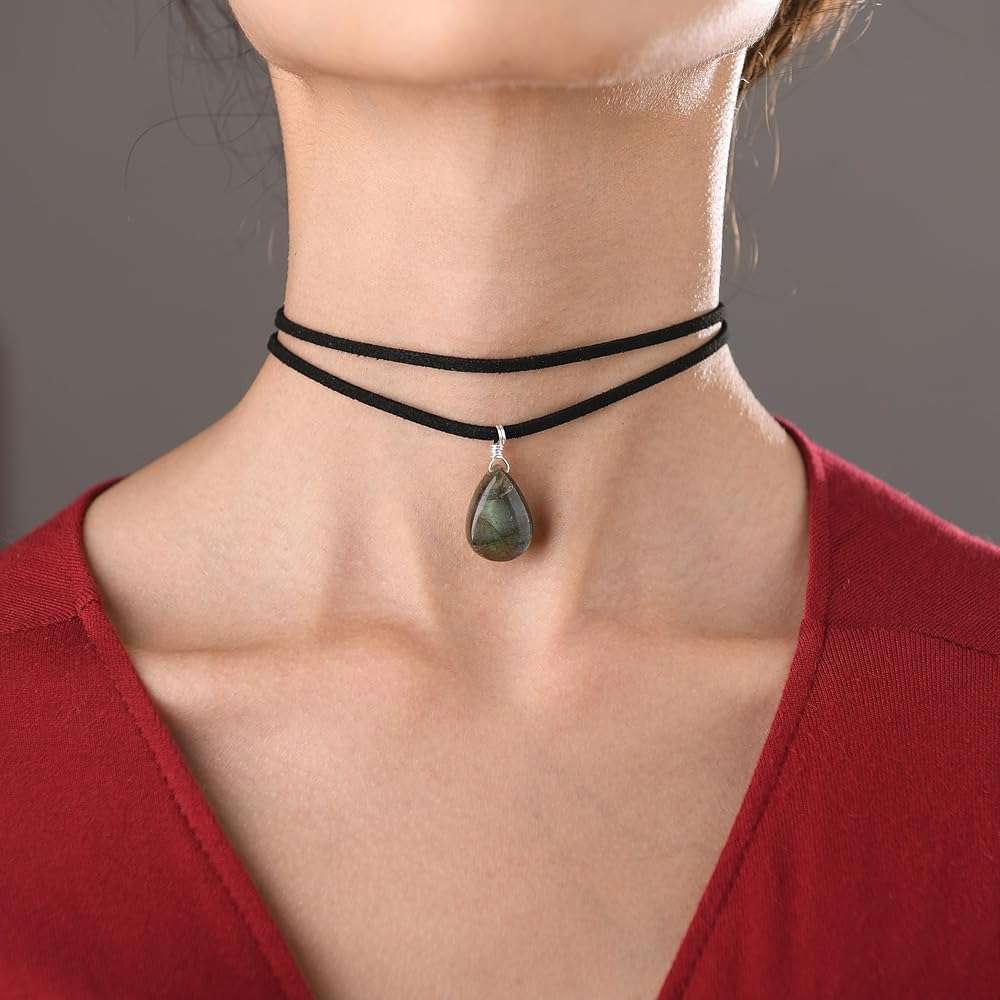 RareLove Black Leather Layering Choker Necklace for Women 925 Sterling Silver Teardrop Labradorite Stone Pendant Healing Crystal Necklace Gothic Boho Anxiety Jewelry - Image 2