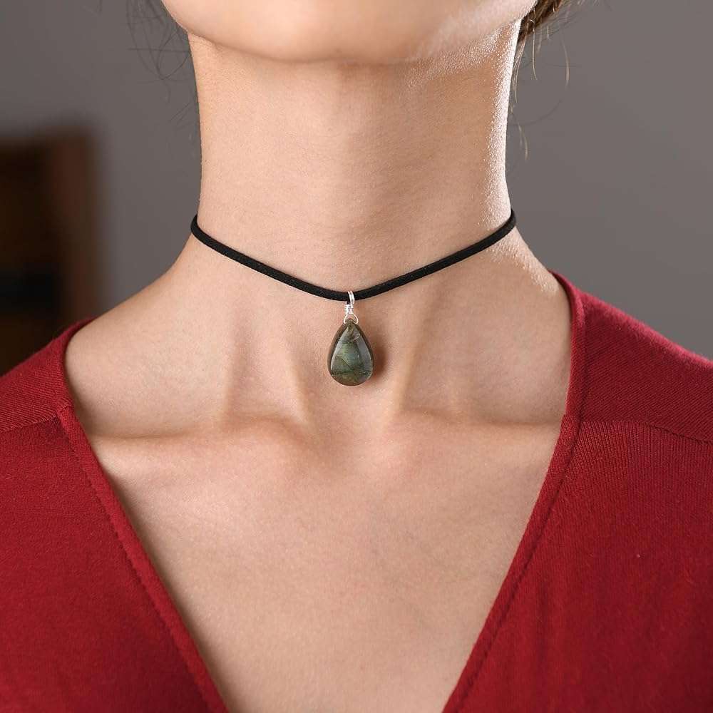 RareLove Black Leather Layering Choker Necklace for Women 925 Sterling Silver Teardrop Labradorite Stone Pendant Healing Crystal Necklace Gothic Boho Anxiety Jewelry - Image 3