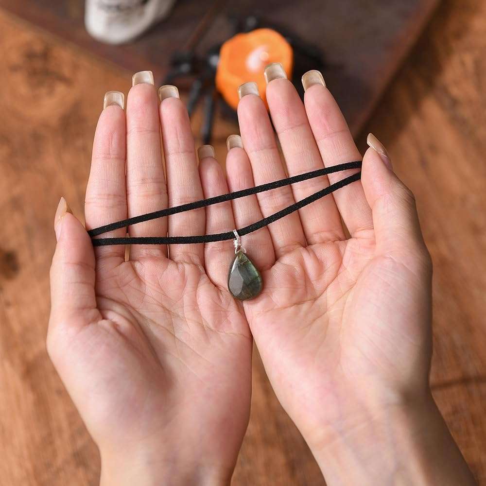 RareLove Black Leather Layering Choker Necklace for Women 925 Sterling Silver Teardrop Labradorite Stone Pendant Healing Crystal Necklace Gothic Boho Anxiety Jewelry - Image 4