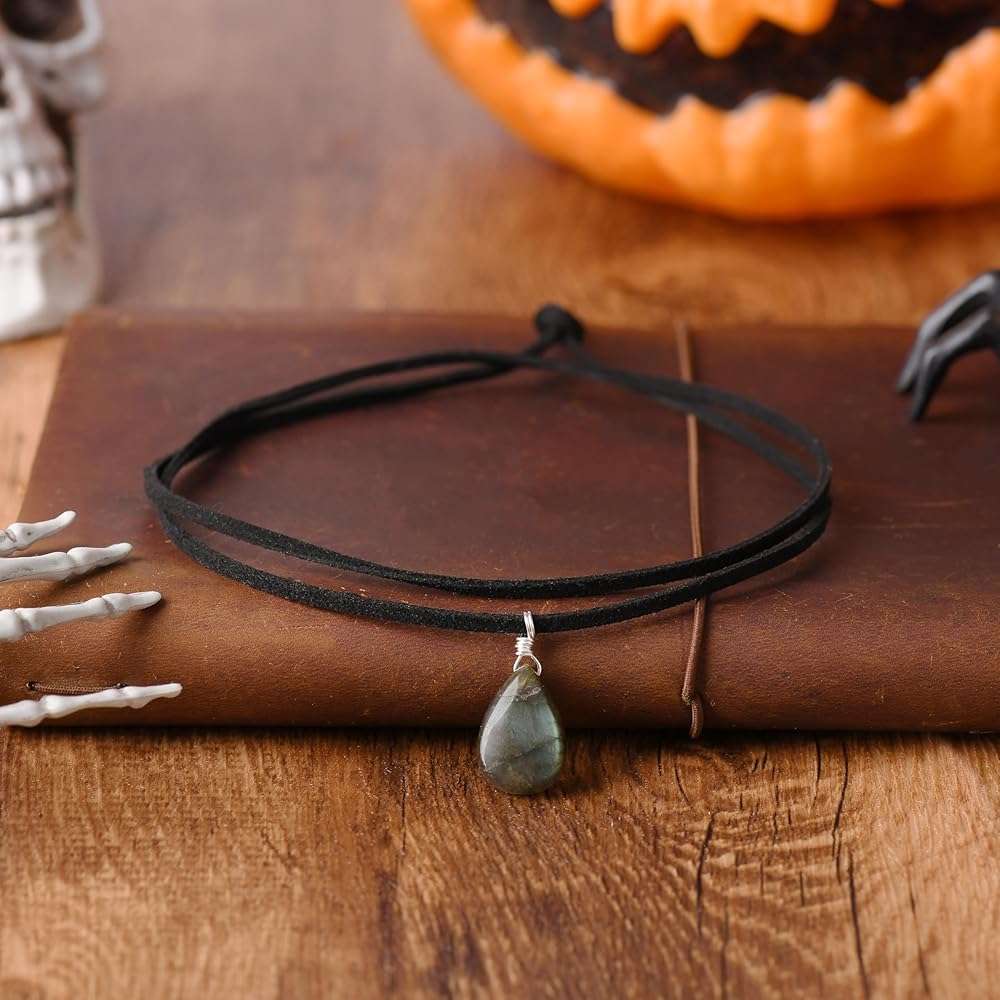 RareLove Black Leather Layering Choker Necklace for Women 925 Sterling Silver Teardrop Labradorite Stone Pendant Healing Crystal Necklace Gothic Boho Anxiety Jewelry - Image 5