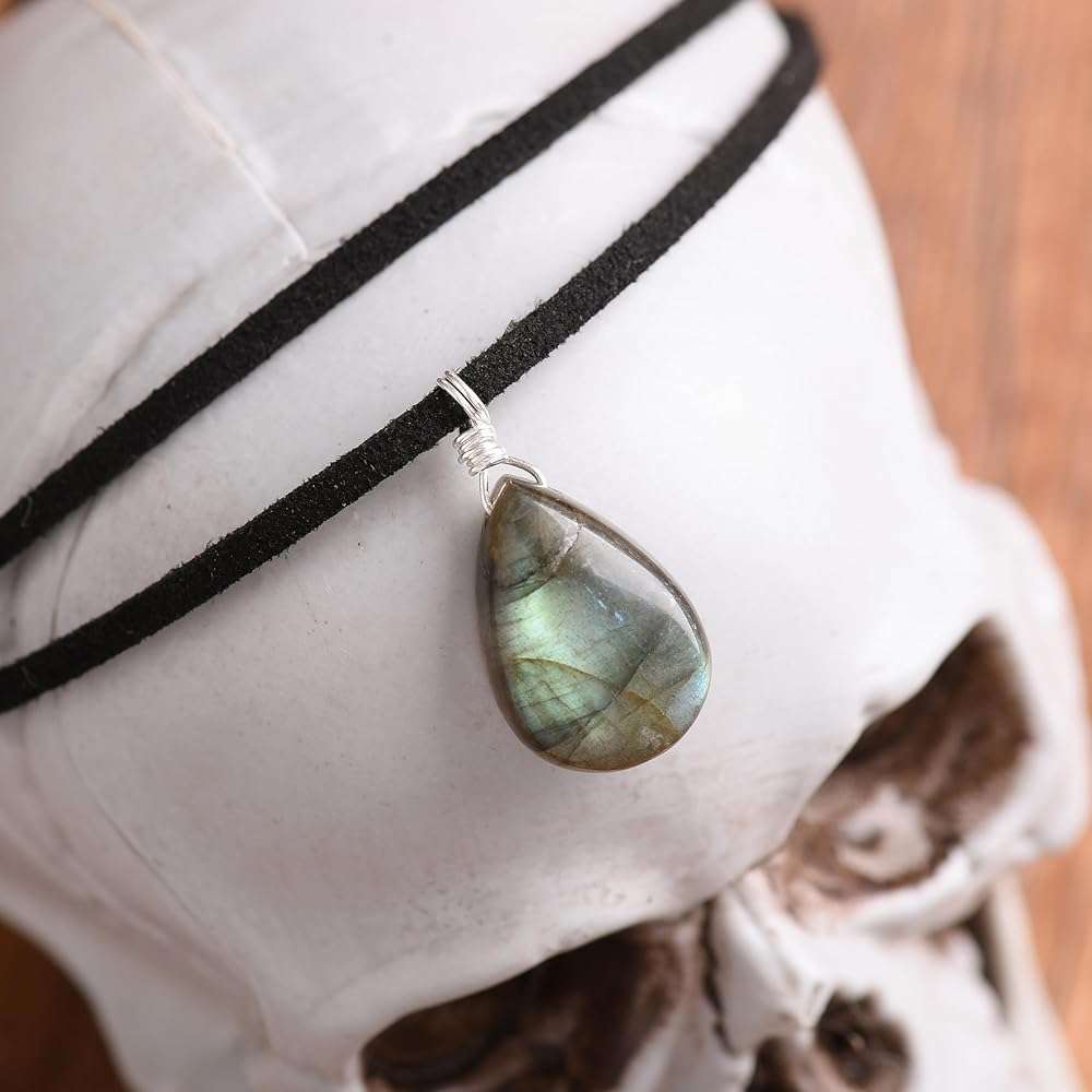 RareLove Black Leather Layering Choker Necklace for Women 925 Sterling Silver Teardrop Labradorite Stone Pendant Healing Crystal Necklace Gothic Boho Anxiety Jewelry - Image 6