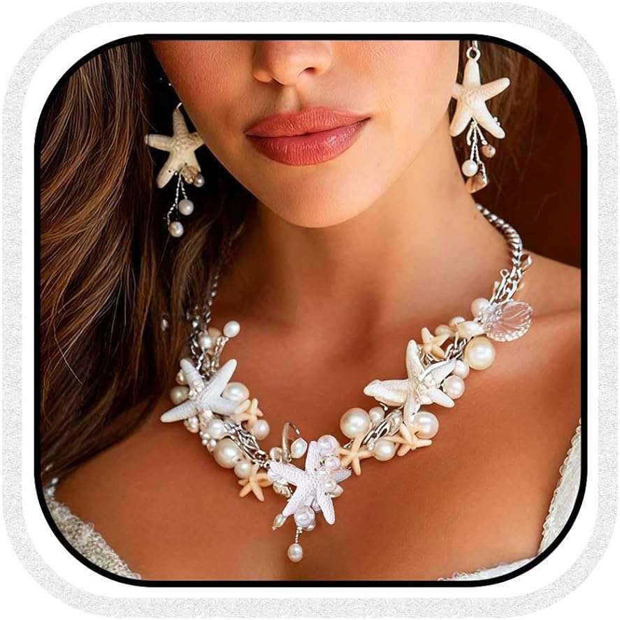 Unicra Silver Starfish Jewelry Set Pearl Mermaid Ocean Necklace Earrings Sets Beach Wedding Jewelry Sets for Women and Brides - Image 1