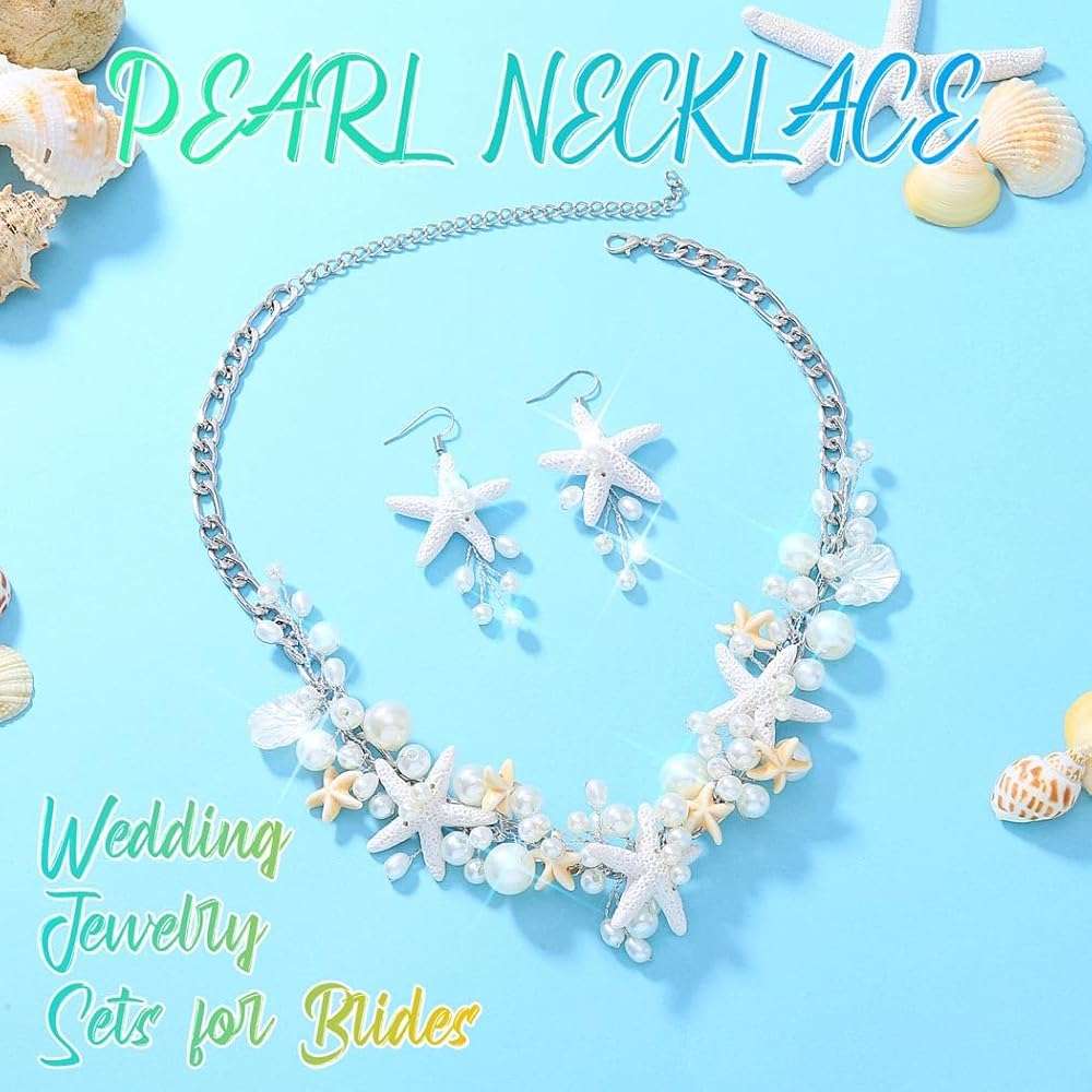 Unicra Silver Starfish Jewelry Set Pearl Mermaid Ocean Necklace Earrings Sets Beach Wedding Jewelry Sets for Women and Brides - Image 2