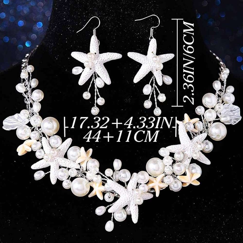Unicra Silver Starfish Jewelry Set Pearl Mermaid Ocean Necklace Earrings Sets Beach Wedding Jewelry Sets for Women and Brides - Image 5