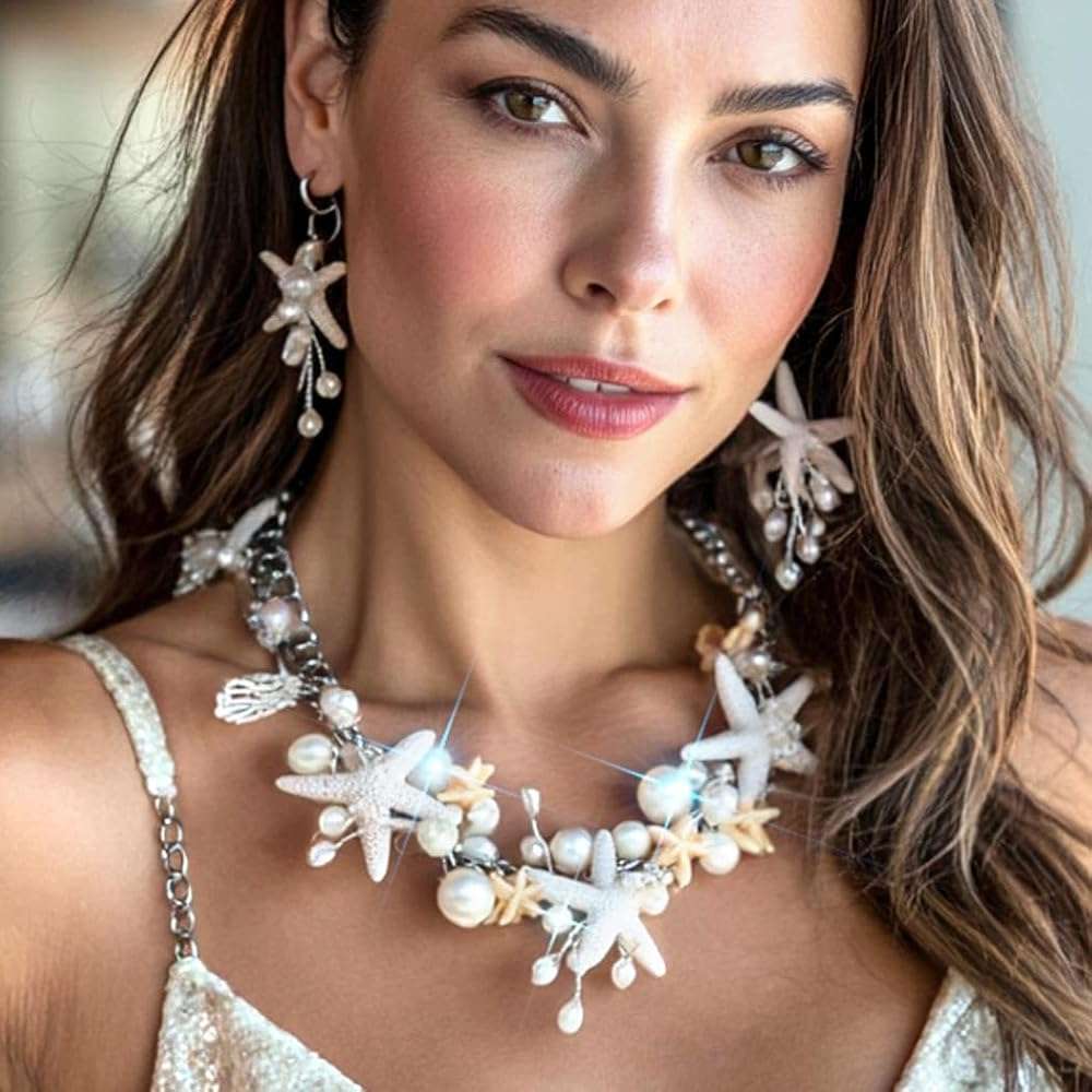 Unicra Silver Starfish Jewelry Set Pearl Mermaid Ocean Necklace Earrings Sets Beach Wedding Jewelry Sets for Women and Brides - Image 6