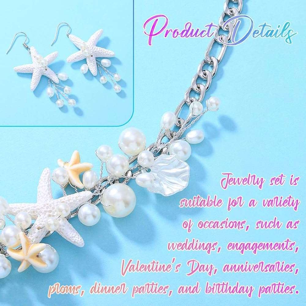 Unicra Silver Starfish Jewelry Set Pearl Mermaid Ocean Necklace Earrings Sets Beach Wedding Jewelry Sets for Women and Brides - Image 7