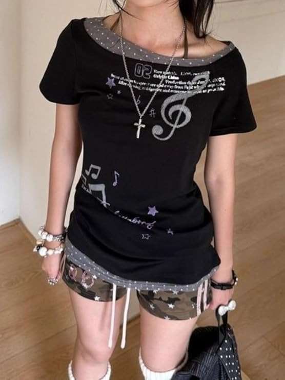 TYATVS Emo Grunge Tops Y2k Harajuku Music Note Shirt Vintage Gothic 2000s Clothing Whimsy Twee Tees Alt Clothes - Image 2