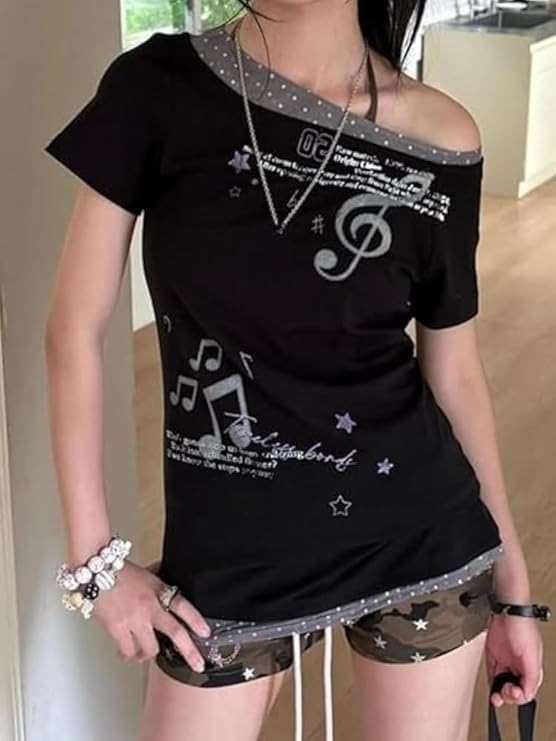 TYATVS Emo Grunge Tops Y2k Harajuku Music Note Shirt Vintage Gothic 2000s Clothing Whimsy Twee Tees Alt Clothes - Image 3