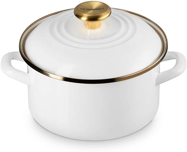 Le Creuset Enamel on Steel Traditional Petite Stockpot, 3.8 qt., White with Gold Accents - Image 1