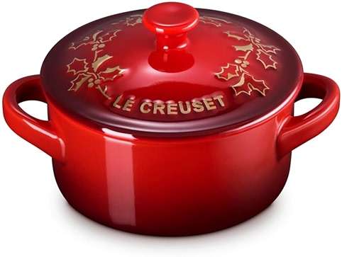 Le Creuset Stoneware Holly Collection Mini Round Cocotte, 8 oz., Cerise with Gold Applique - Image 1