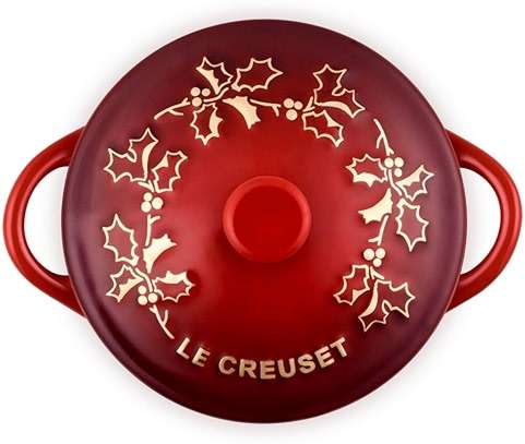 Le Creuset Stoneware Holly Collection Mini Round Cocotte, 8 oz., Cerise with Gold Applique - Image 3