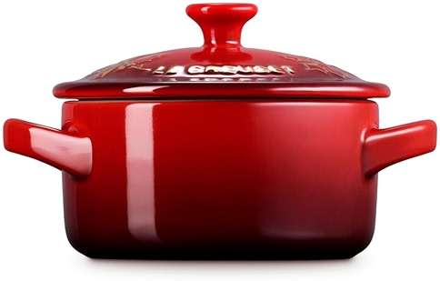 Le Creuset Stoneware Holly Collection Mini Round Cocotte, 8 oz., Cerise with Gold Applique - Image 5