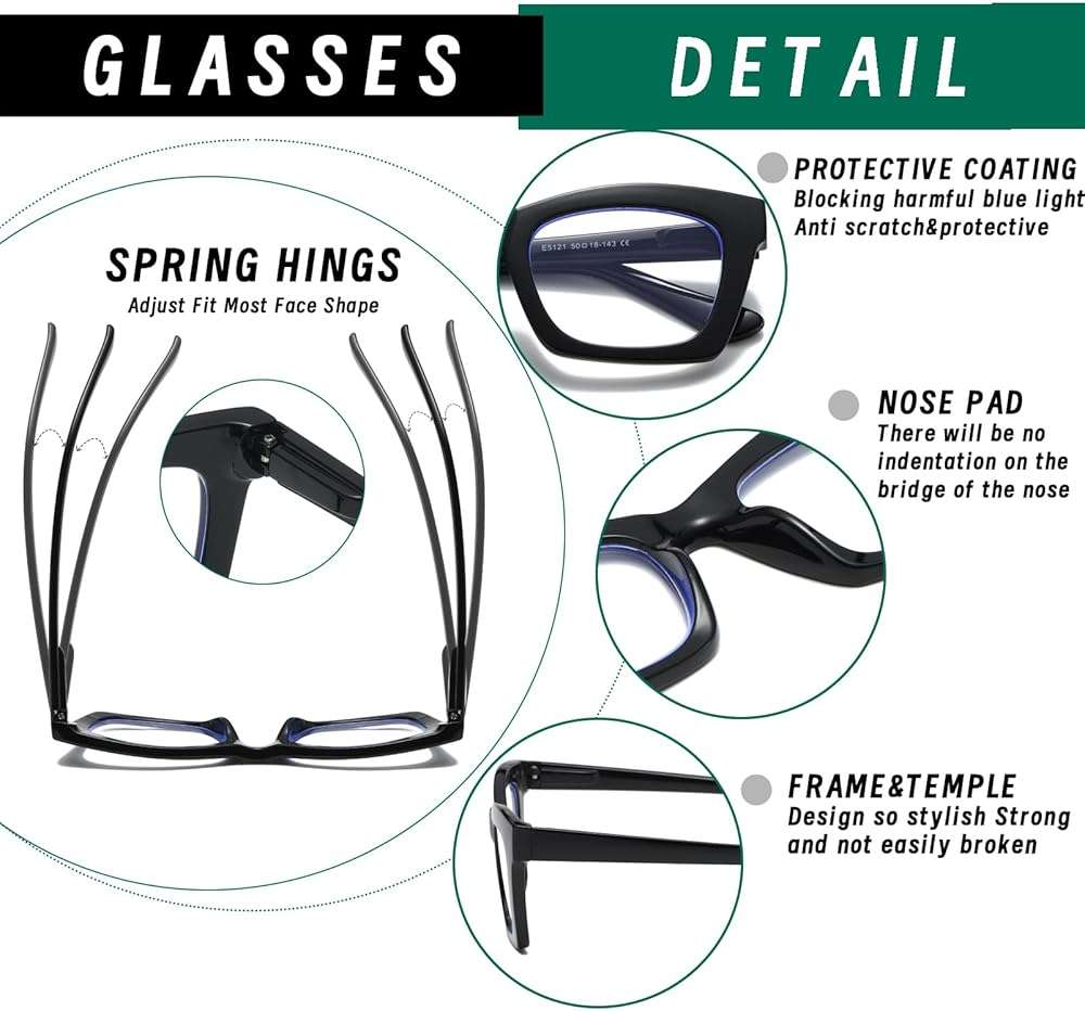 Hubeye Square Reading Glasses for Women Men Blue Light Blocking Computer Fashion Style Readers with Spring Hinge - Image 4