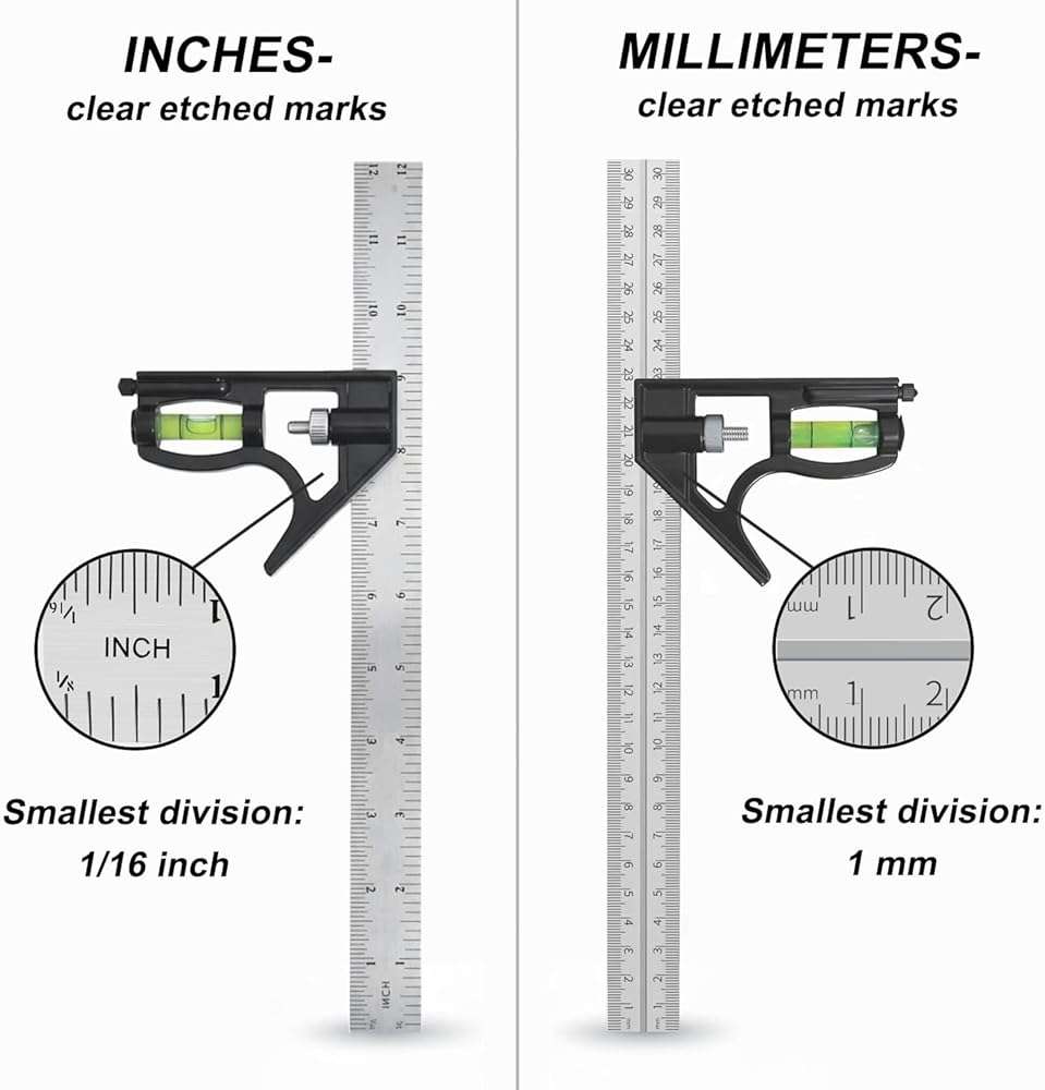Ryqoru 12-Inch Combination Square, Metric & Imperial, Etched 1/16 in & 1 mm Graduations, 410 Stainless Steel Rule, Powder-Coated Aluminum Head, 90°/45° Marking, Built-in Level for Woodworking - Image 3