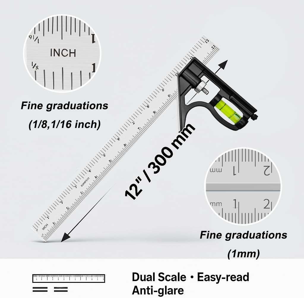 Ryqoru 12-Inch Combination Square, Metric & Imperial, Etched 1/16 in & 1 mm Graduations, 410 Stainless Steel Rule, Powder-Coated Aluminum Head, 90°/45° Marking, Built-in Level for Woodworking - Image 4