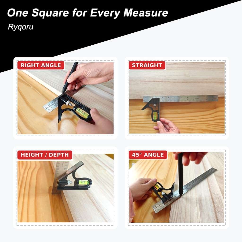 Ryqoru 12-Inch Combination Square, Metric & Imperial, Etched 1/16 in & 1 mm Graduations, 410 Stainless Steel Rule, Powder-Coated Aluminum Head, 90°/45° Marking, Built-in Level for Woodworking - Image 6