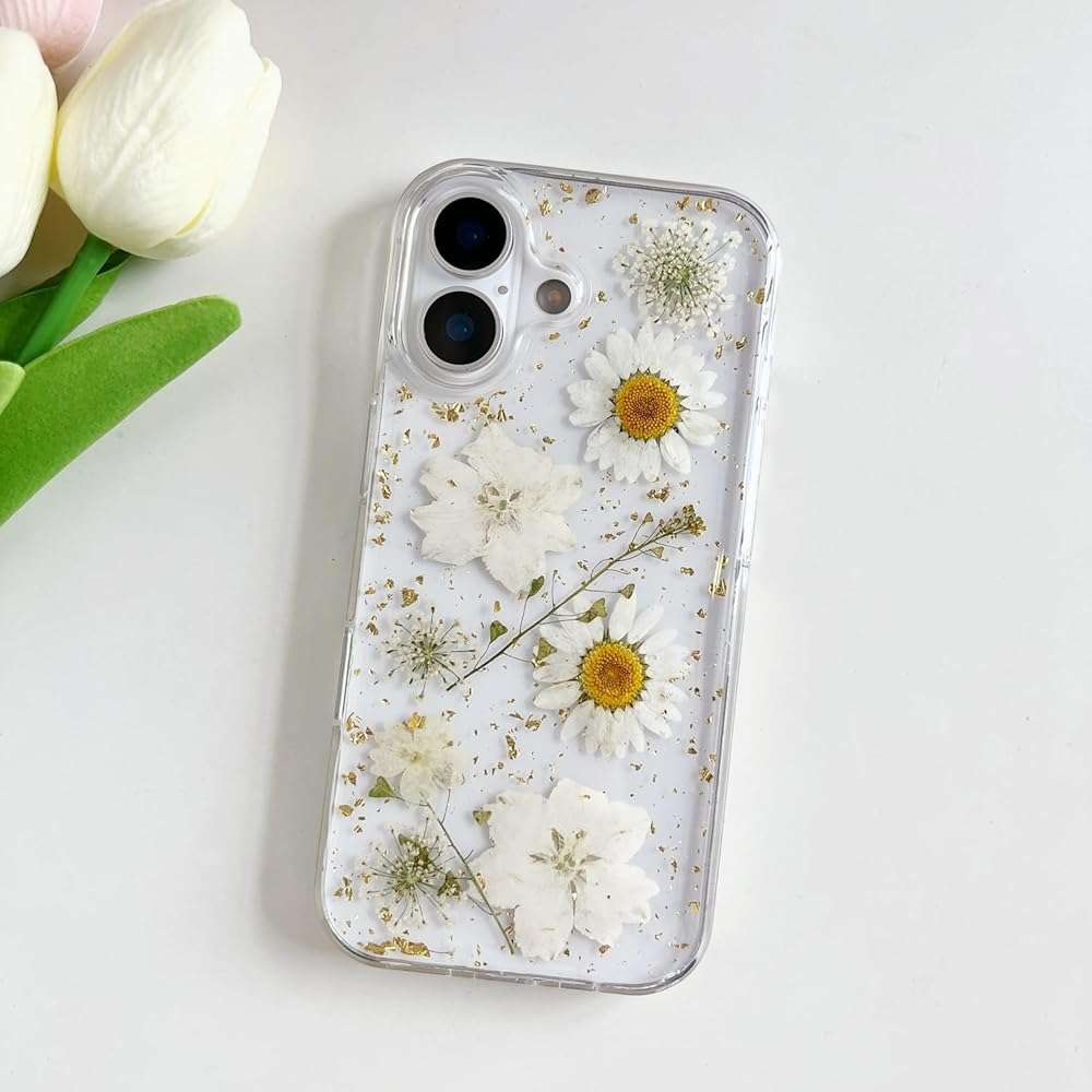 LSEEKA for iPhone 17 Clear Case with Pressed Real Flowers Design,Glitter Cute White Floral Pattern Slim Soft TPU Protective Women Girl's Phone Cover for iPhone 17 - Image 2