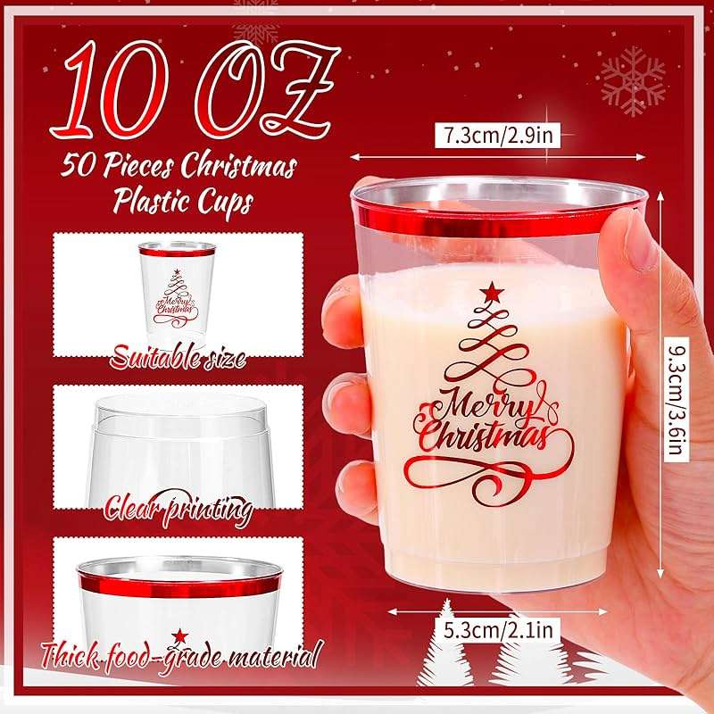 FYSUIMU 50Pcs Christmas Plastic Cups 10 Oz Xmas Tree Party Drinking Cup Disposable Clear Wine Glasses for Holiday Party Supplies - Image 3