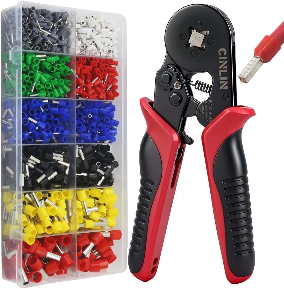 Ferrule Crimping Tool Kit - Square Ferrule Crimper Plier (AWG 23-7) with 1380pcs Wire End-Sleeves Red copper Terminals Kit - Image 1