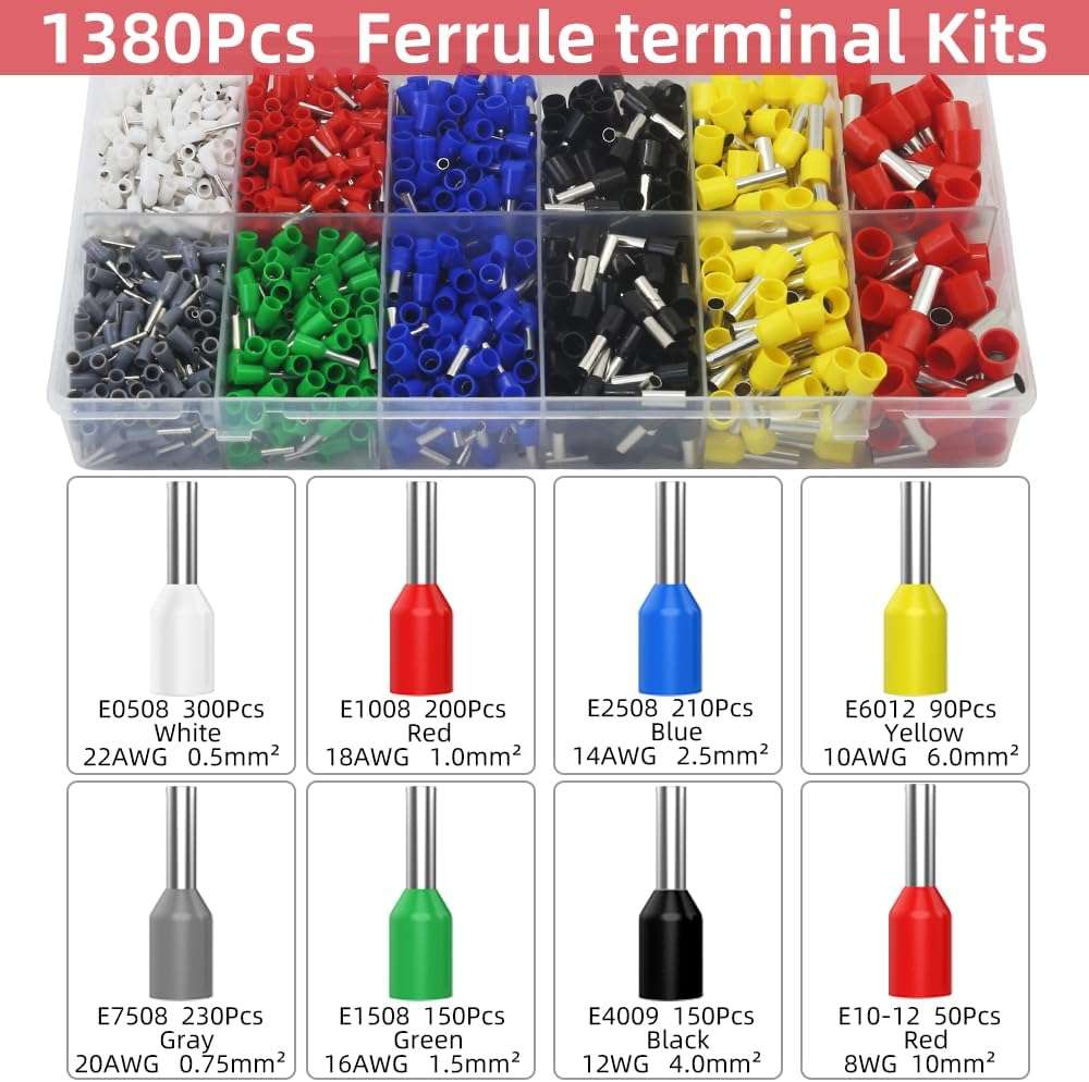 Ferrule Crimping Tool Kit - Square Ferrule Crimper Plier (AWG 23-7) with 1380pcs Wire End-Sleeves Red copper Terminals Kit - Image 5