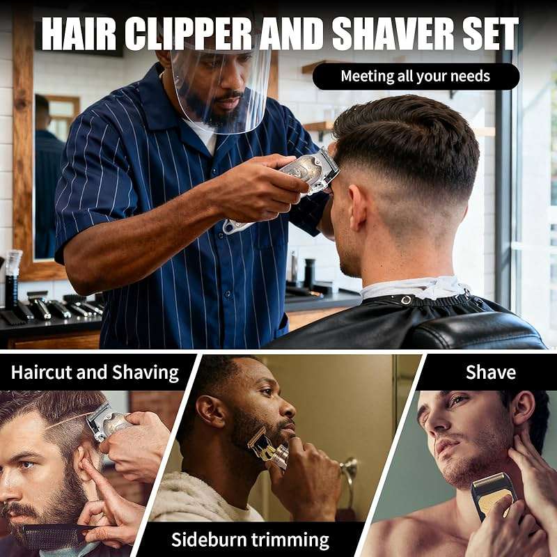 Professional Hair Clipper Set, Men's Hair Clipper, T-Shaped sideburn Trimmer, Electric Shaver,Nose Hair Trimmer,Beauty Salon kit for Hair Cutting and Shaving. (Gold) - Image 6