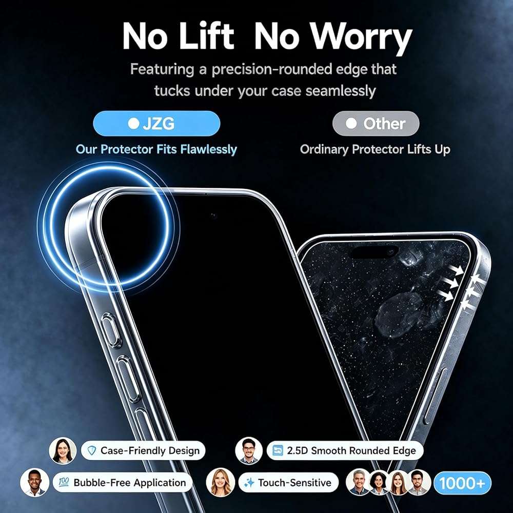 JZG 2 Pack Screen Protector for iPhone 17 [6.3 Inch], Tempered Glass with Auto-Alignment Dust-Free Install Tray, 9H Hardness, Case Friendly, HD Clear Anti-Scratch Film - Easy 1-Pull Installation - Image 6