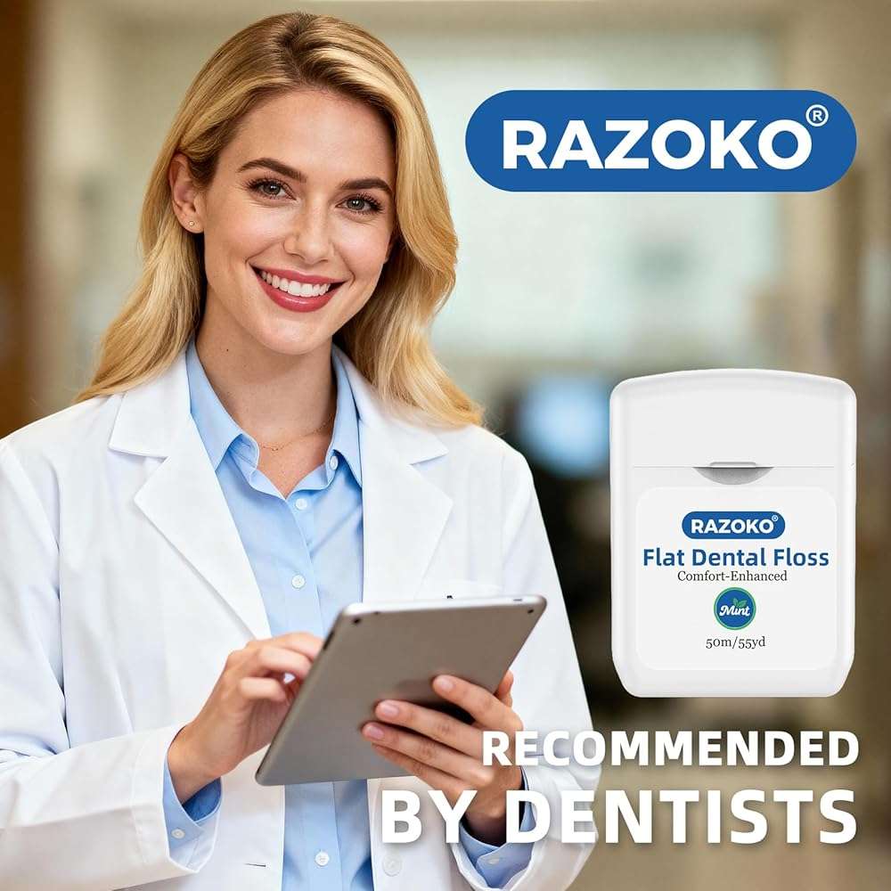 RAZOKO Flat Dental Floss, PFAS & PTFE Free, Shred Resistant, Kid-Friendly Gentle on Gums, Ultra-Smooth for Deep Cleaning, Mint, 4 Spools (220 Yd Total) - Image 6