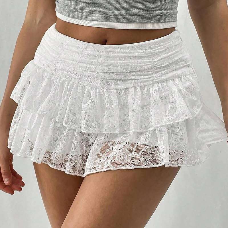 Women Lace Mini Skirt Y2k Low Rise Layered Ruched A Line Skirts Cute Short Skirt - Image 2