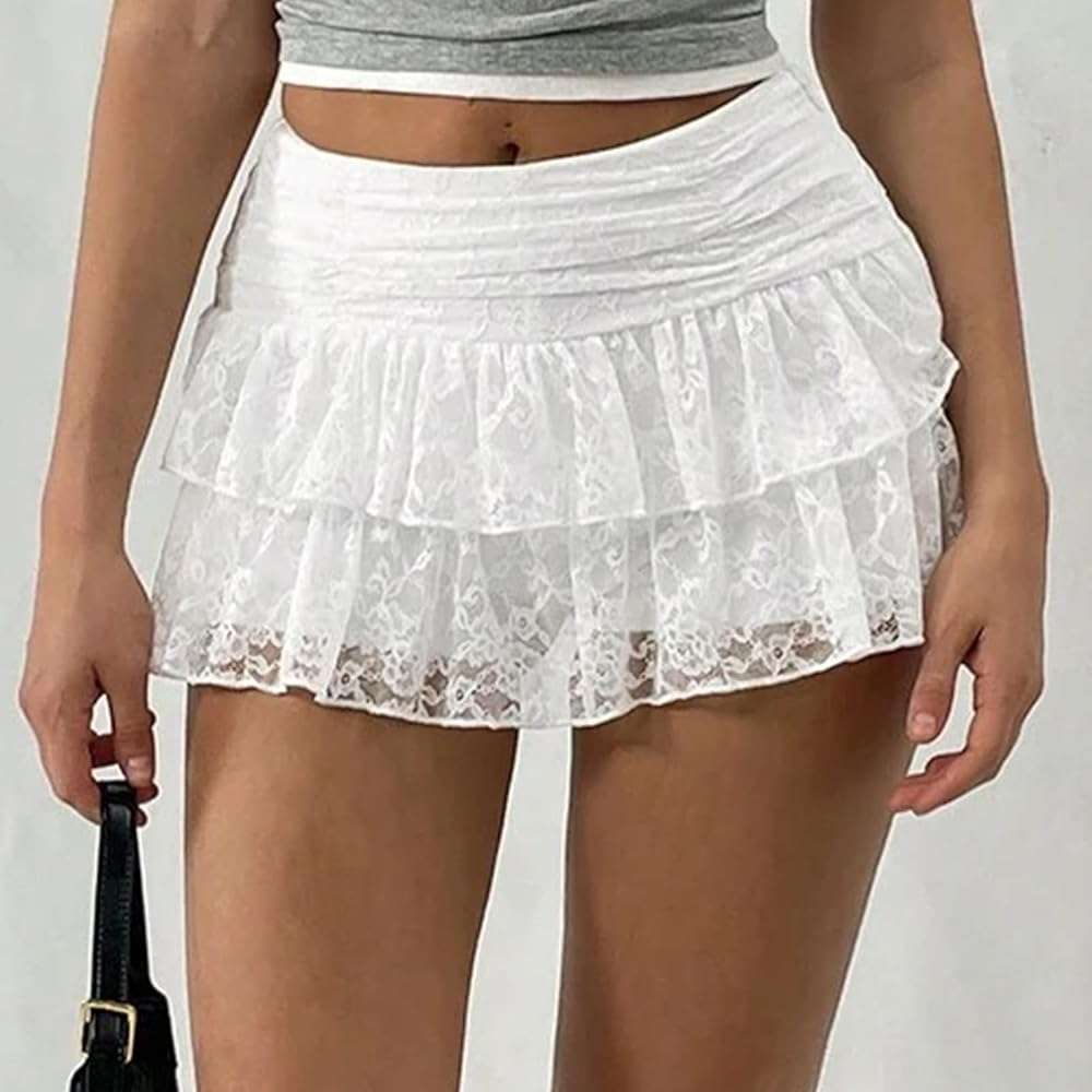 Women Lace Mini Skirt Y2k Low Rise Layered Ruched A Line Skirts Cute Short Skirt - Image 3
