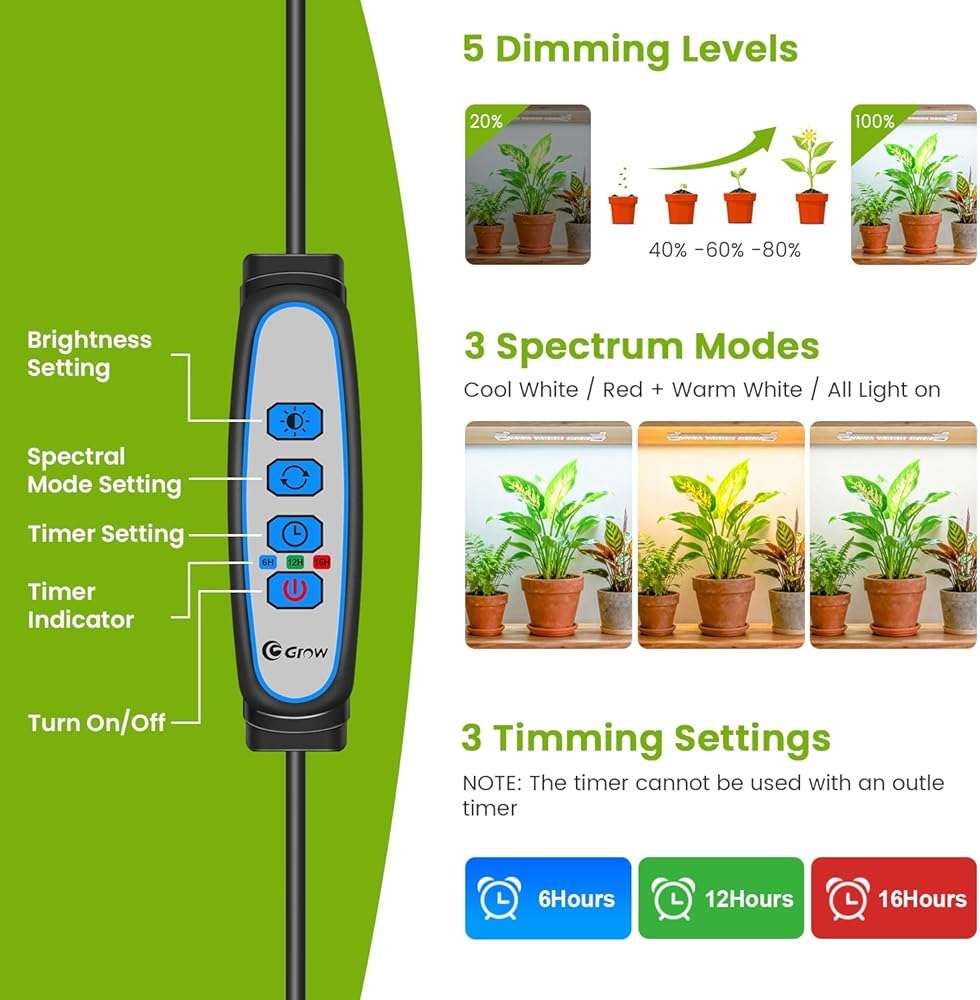 Kullsinss 8 inches LED Grow Light Strips, Full Spectrum Plant Lights for Indoor Growing with 6/12/16H Timer, 3 Color Modes, 5 Dimmable Levels, Grow Lamp for Seedling, Perfect for Indoor Plant Stand - Image 5
