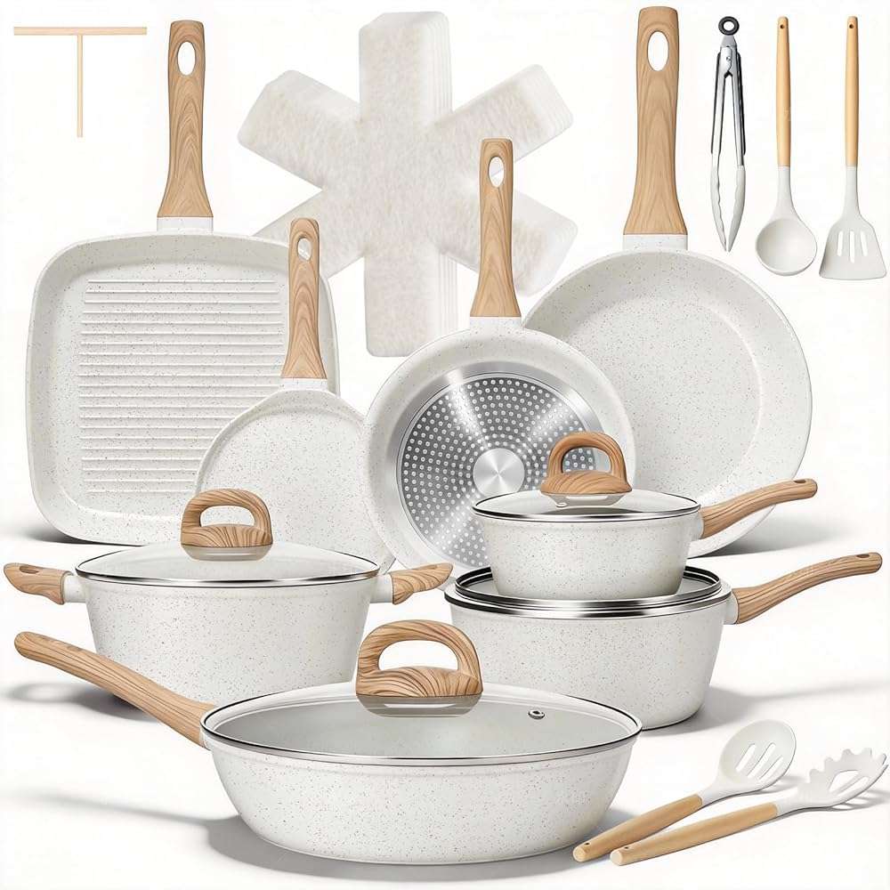 EWFEN 25 Pcs Pots and Pans Set, Nonstick Ceramic Cookware Sets, Healthy Non-Toxic, Large Capacity, Induction Compatible, Cooking Set with Frying Pans & Saucepans, PFAS/PTFE/PFOA Free, Cream White - Image 1
