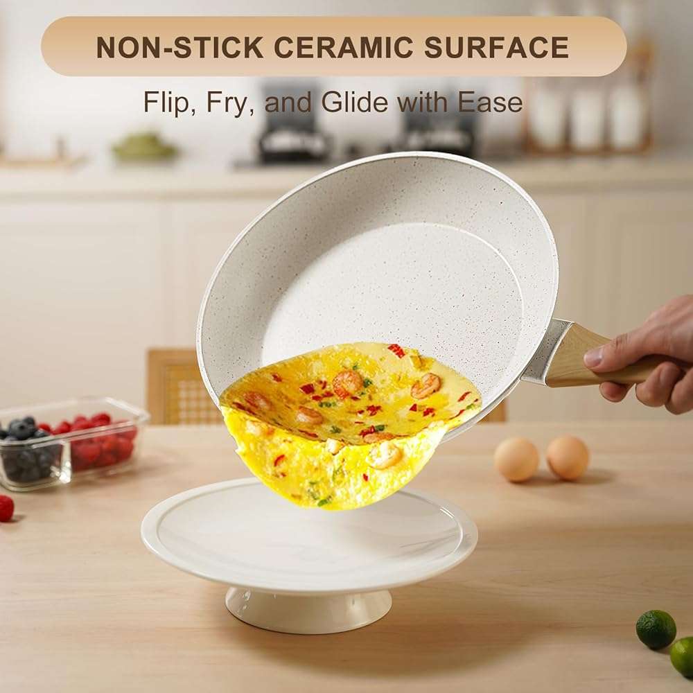 EWFEN 25 Pcs Pots and Pans Set, Nonstick Ceramic Cookware Sets, Healthy Non-Toxic, Large Capacity, Induction Compatible, Cooking Set with Frying Pans & Saucepans, PFAS/PTFE/PFOA Free, Cream White - Image 2