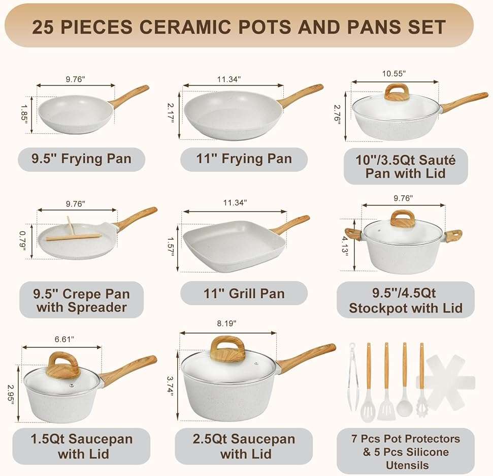 EWFEN 25 Pcs Pots and Pans Set, Nonstick Ceramic Cookware Sets, Healthy Non-Toxic, Large Capacity, Induction Compatible, Cooking Set with Frying Pans & Saucepans, PFAS/PTFE/PFOA Free, Cream White - Image 3