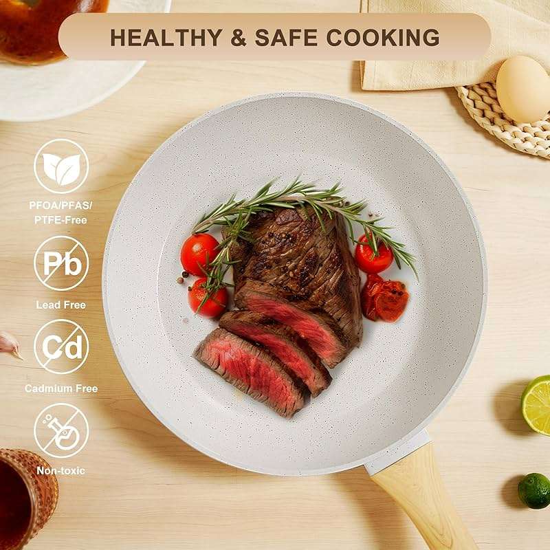 EWFEN 25 Pcs Pots and Pans Set, Nonstick Ceramic Cookware Sets, Healthy Non-Toxic, Large Capacity, Induction Compatible, Cooking Set with Frying Pans & Saucepans, PFAS/PTFE/PFOA Free, Cream White - Image 4