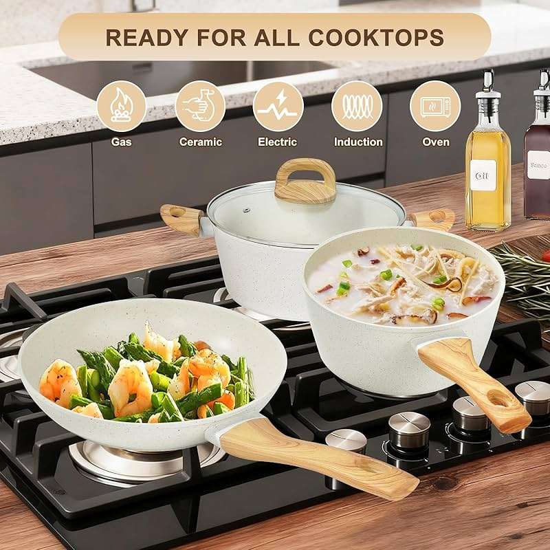 EWFEN 25 Pcs Pots and Pans Set, Nonstick Ceramic Cookware Sets, Healthy Non-Toxic, Large Capacity, Induction Compatible, Cooking Set with Frying Pans & Saucepans, PFAS/PTFE/PFOA Free, Cream White - Image 5