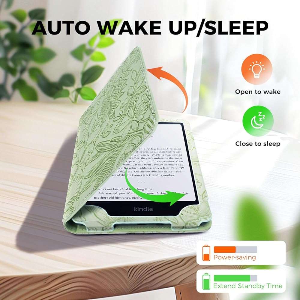 7"/6.8" Green Embossed Case Compatible with Kindle Paperwhite 11th/12th Gen,Colorsoft Signature Edition 2024,Retro Flower Book Cover Hand Strap Stand Auto Wake Design Accessories 2025 - Image 3