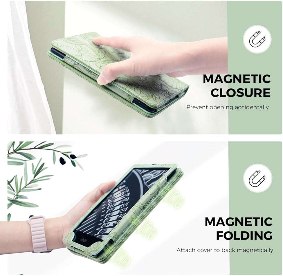 7"/6.8" Green Embossed Case Compatible with Kindle Paperwhite 11th/12th Gen,Colorsoft Signature Edition 2024,Retro Flower Book Cover Hand Strap Stand Auto Wake Design Accessories 2025 - Image 4