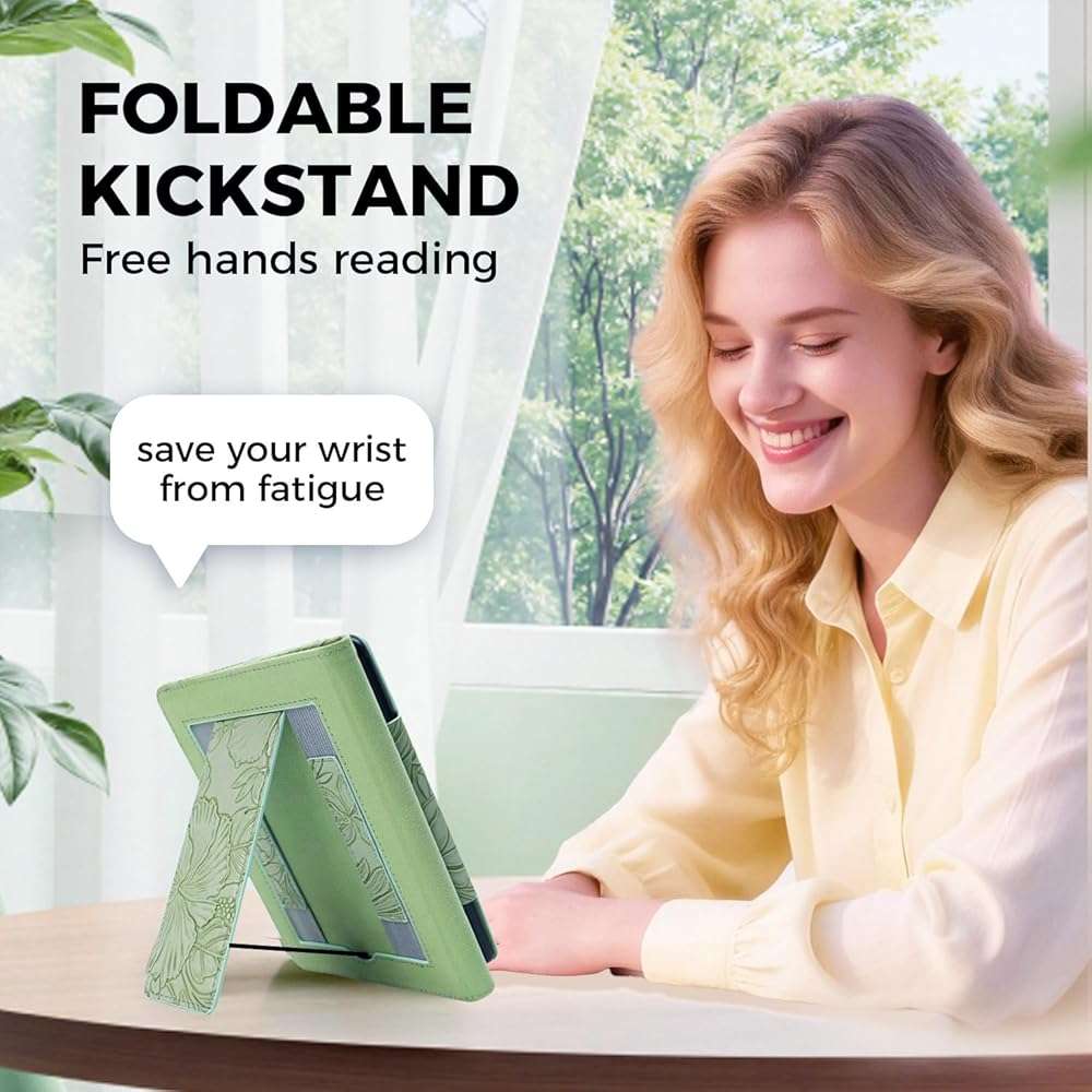 7"/6.8" Green Embossed Case Compatible with Kindle Paperwhite 11th/12th Gen,Colorsoft Signature Edition 2024,Retro Flower Book Cover Hand Strap Stand Auto Wake Design Accessories 2025 - Image 6