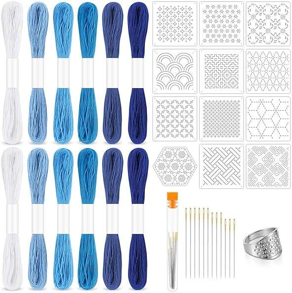 37 Pcs Sashiko Thread Kit Sashiko Needles Cotton Thimble Sashiko Patterns Embroidery Projects for Sewing Hand Quilting Mending Supplies - Image 1