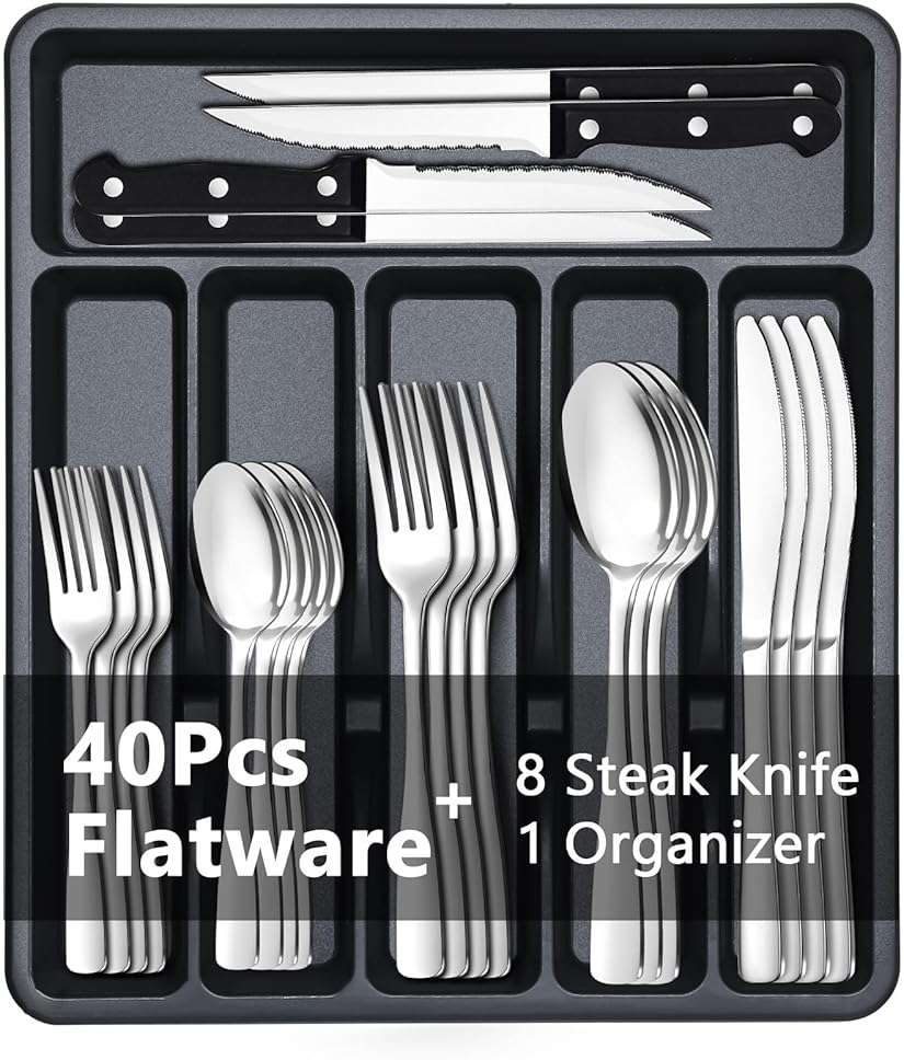 BEWOS 49-Piece Silverware Set with Organizer - Stainless Steel Silverware Set for 8 with Steak Knives and Drawer Organizer, Mirror Polished Flatware Set for Home and Restaurant, Dishwasher Safe - Image 1